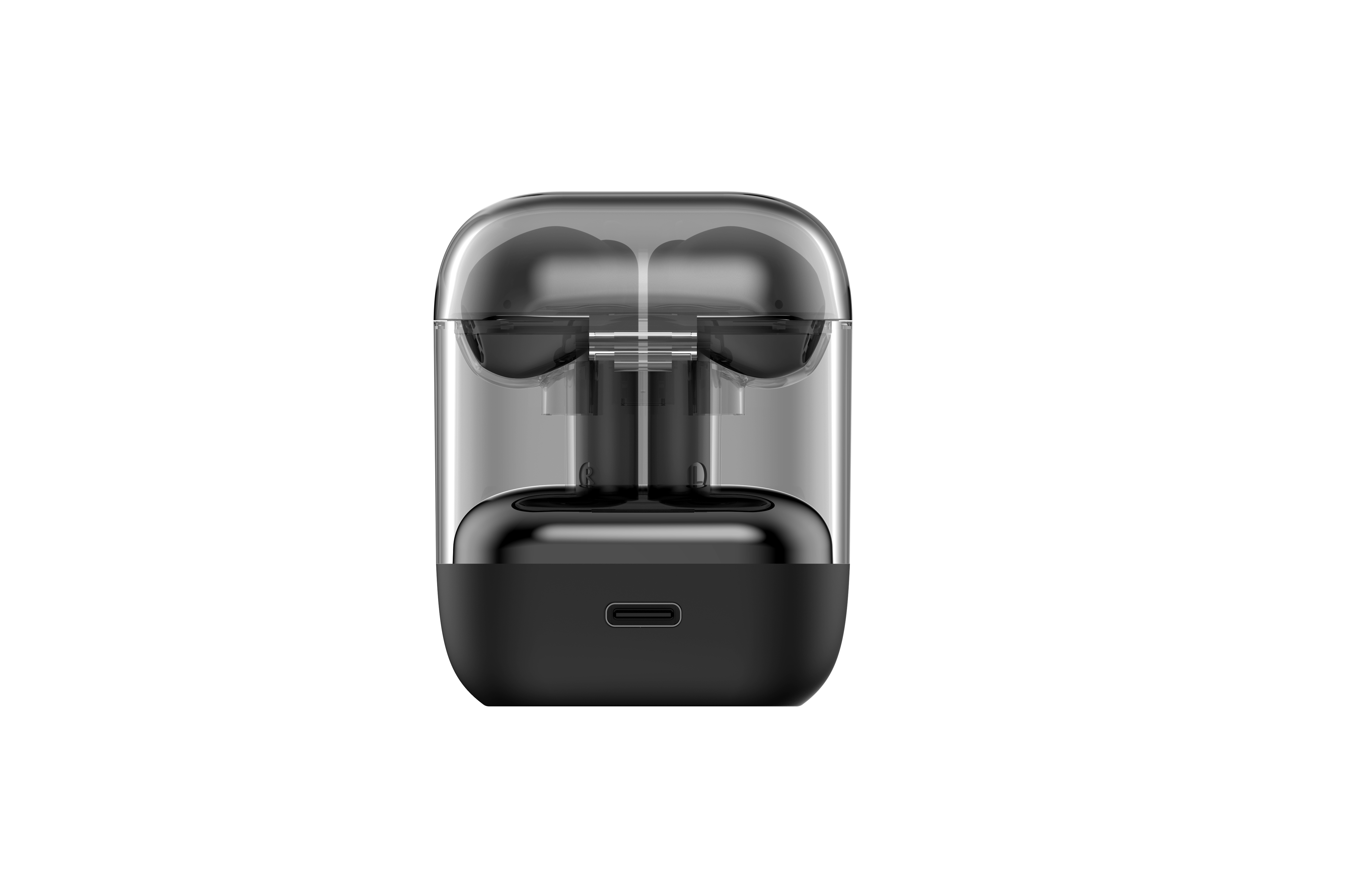 Ein schwarzes Ladecase für Ohrhörer, mit transparentem Oberteil und USB-C-Anschluss unten.