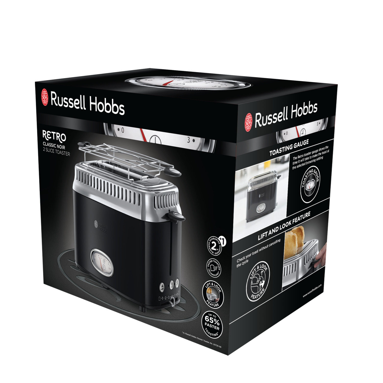 Retro black toaster in a box. Text on the box describes features and shows a picture of the toaster.