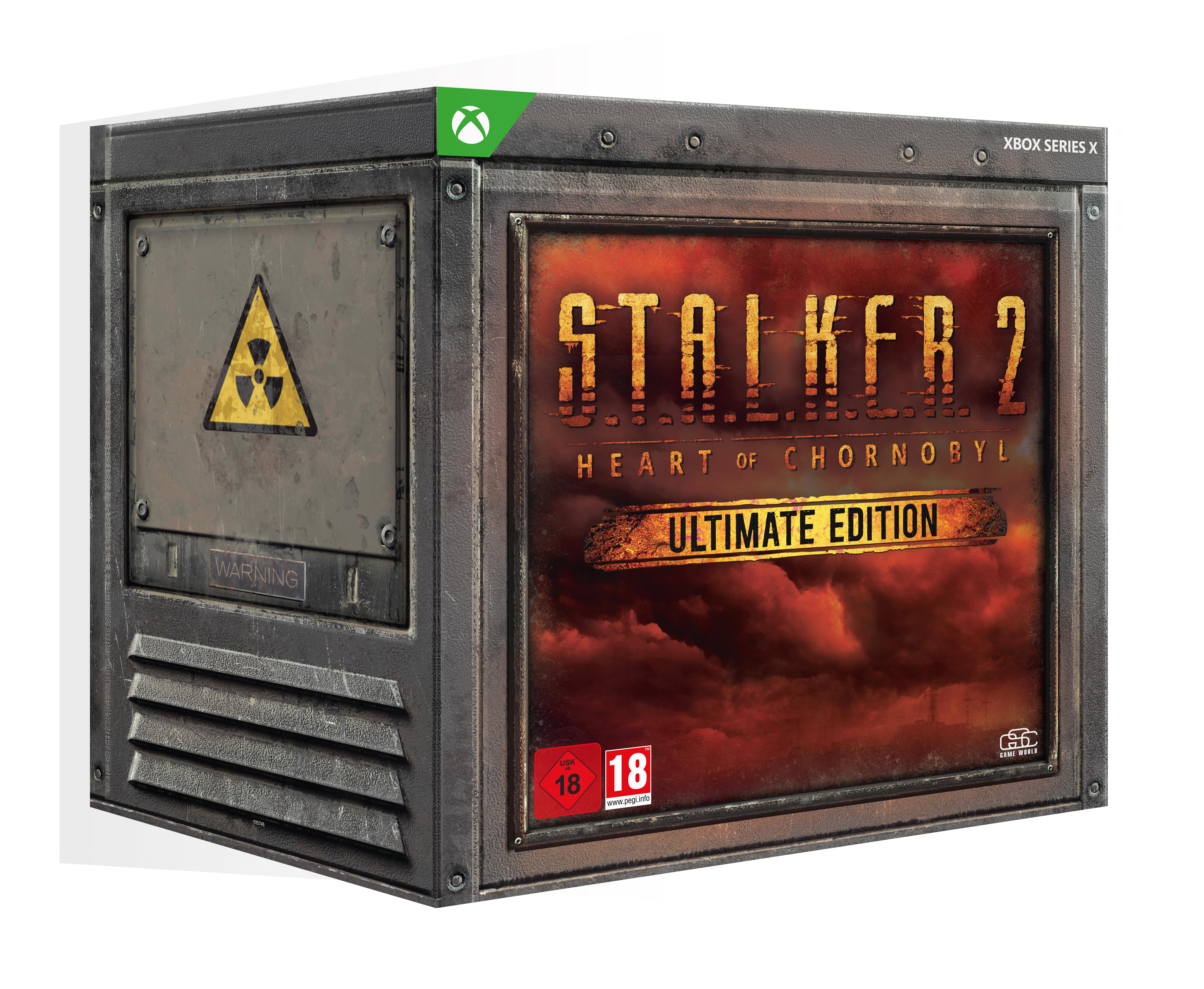 Stalker 2 Spielbox, Metallkisten-Design. Xbox Series X Logo. Warnschild. Weißer Hintergrund.