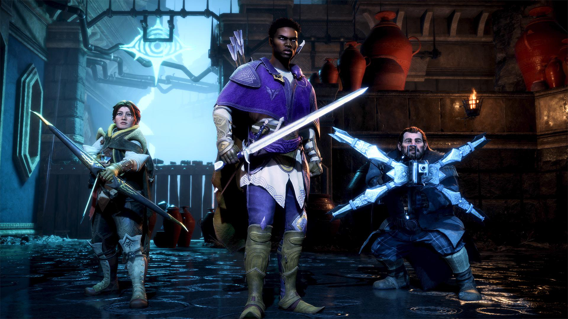 Drei Figuren in einer Dungeon-Umgebung, eine mit einem Schwert.