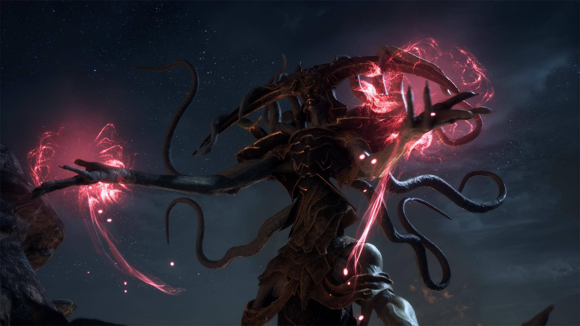 Eine Fantasy-Figur mit Ranken und Energieeffekten vor einem Hintergrund mit sternenklarem Nachthimmel.