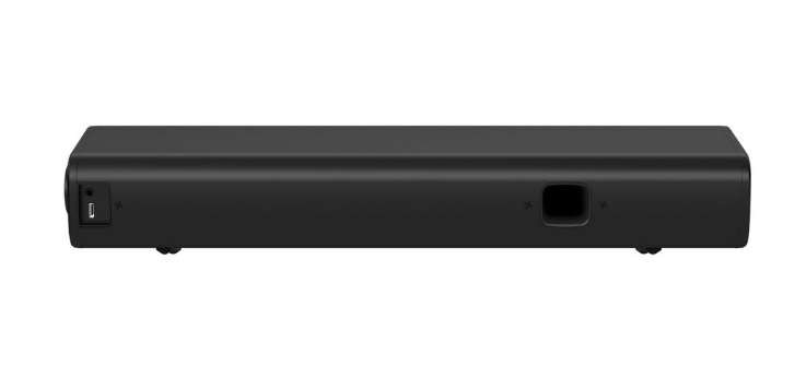 Czarny soundbar z portem USB i otworem z boku.