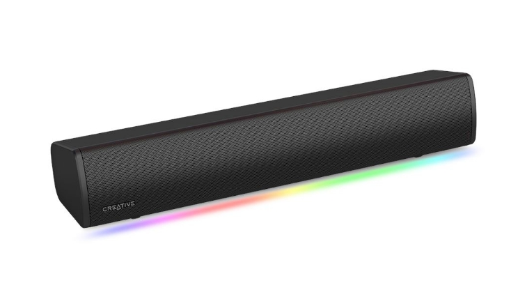 Czarny soundbar z kolorowymi światłami LED. Białe tło. Widoczne logo Creative.
