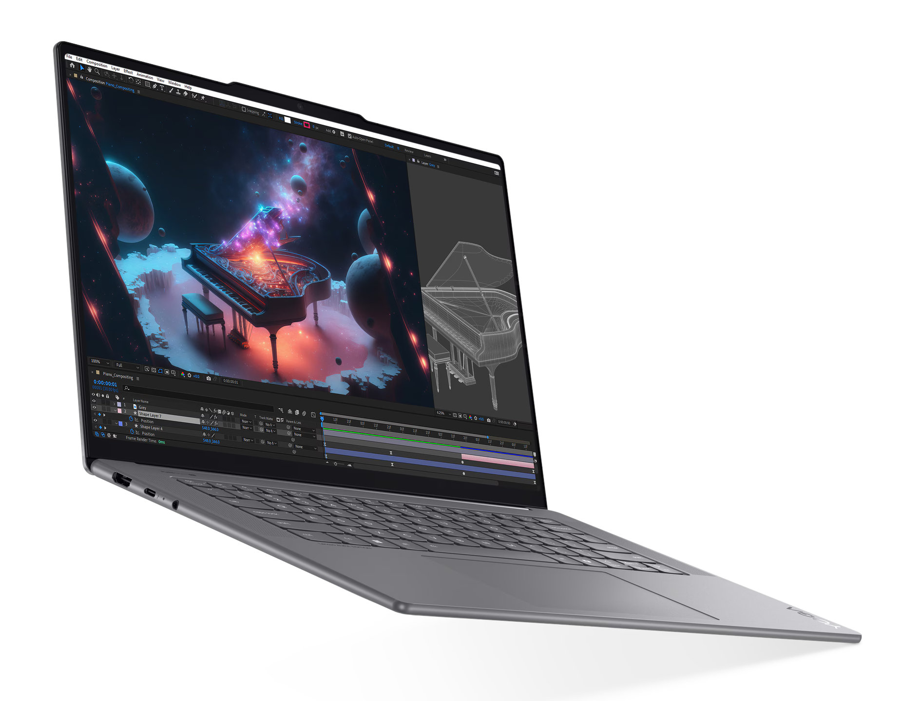 Szary laptop wyświetlający projekt graficzny, na białym tle.