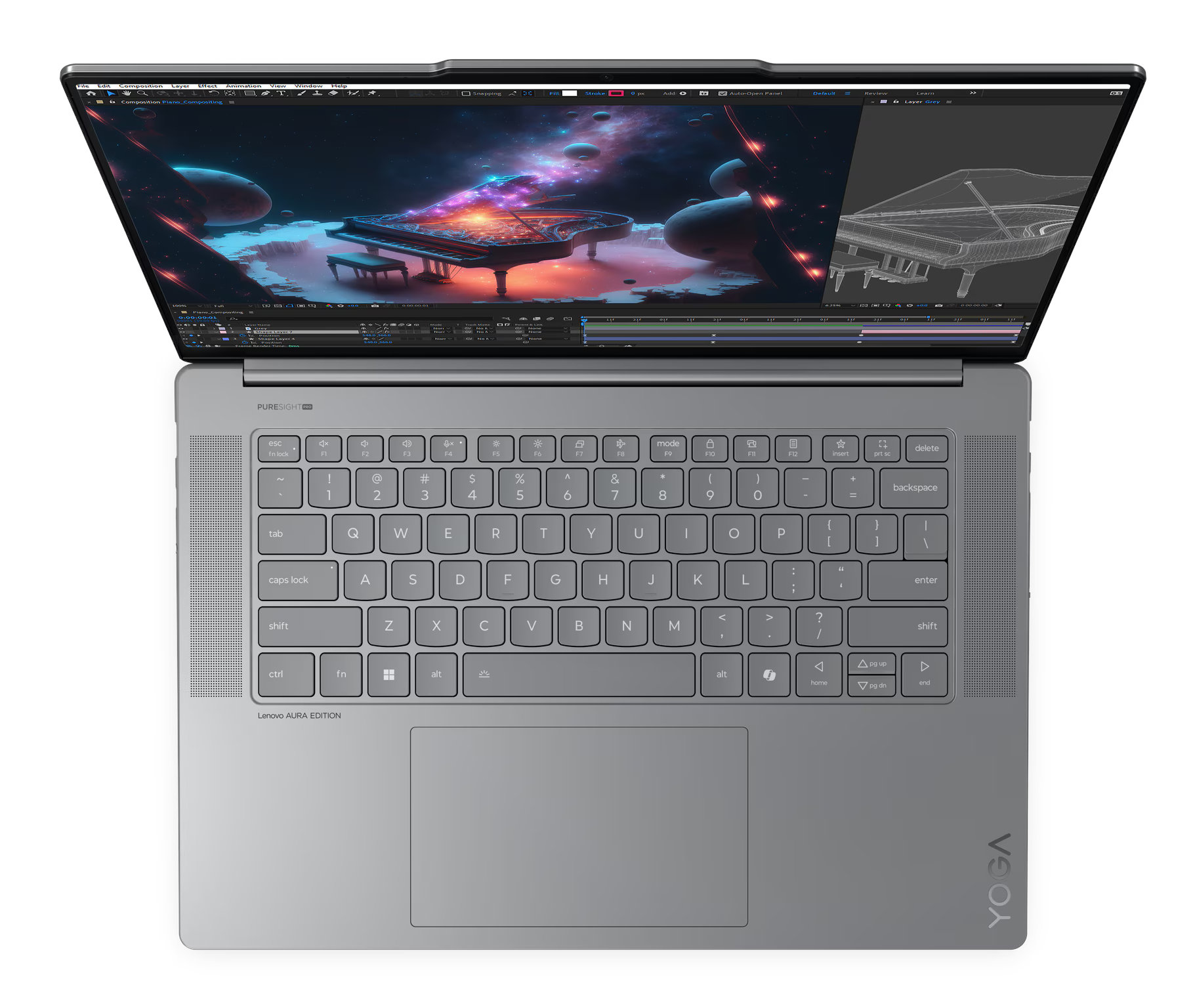 Szary laptop z otwartym ekranem, pokazującym interfejs fortepianu i klawiaturę.
