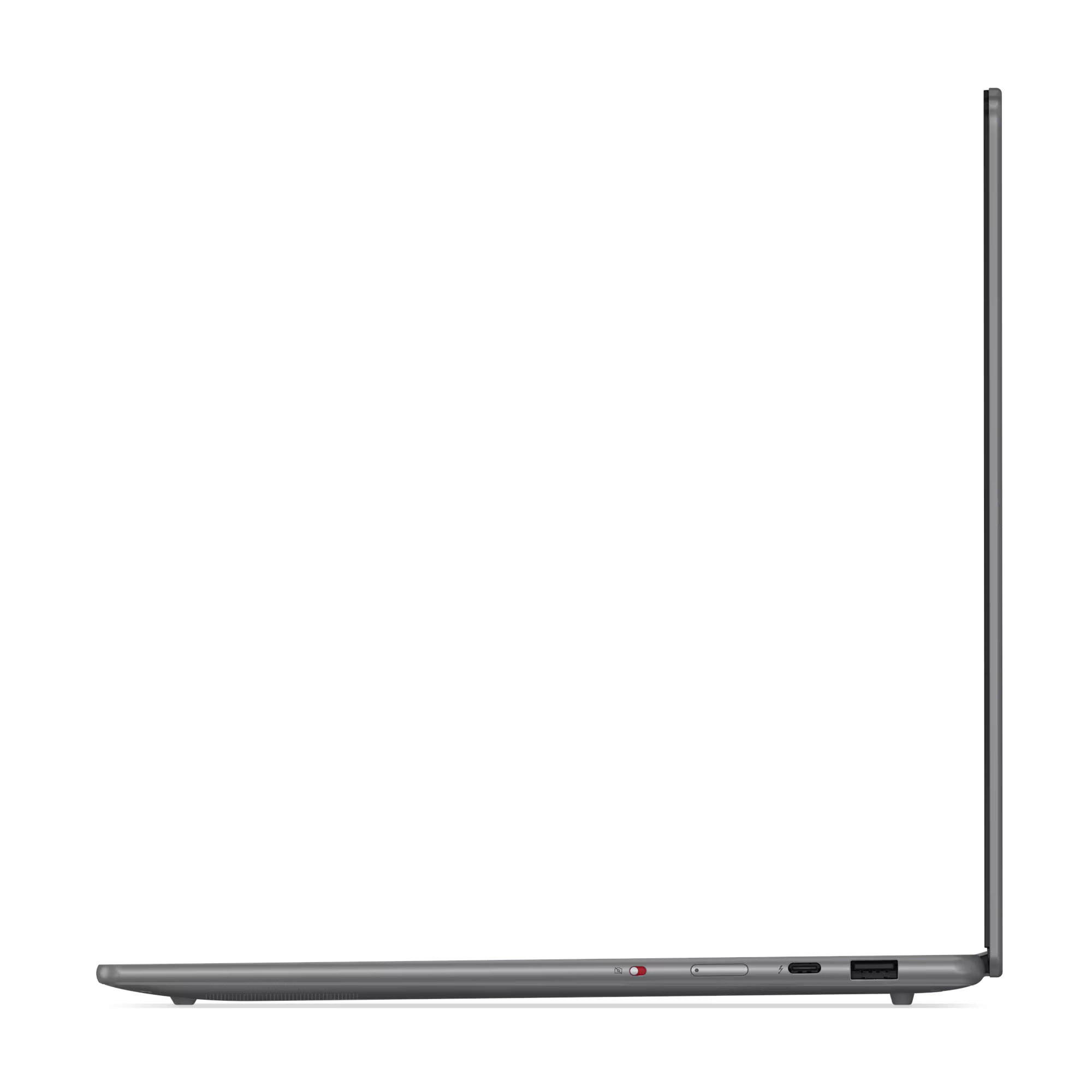 Laptop z boku, otwarty, w ciemnoszarym kolorze, z czarnym ekranem.