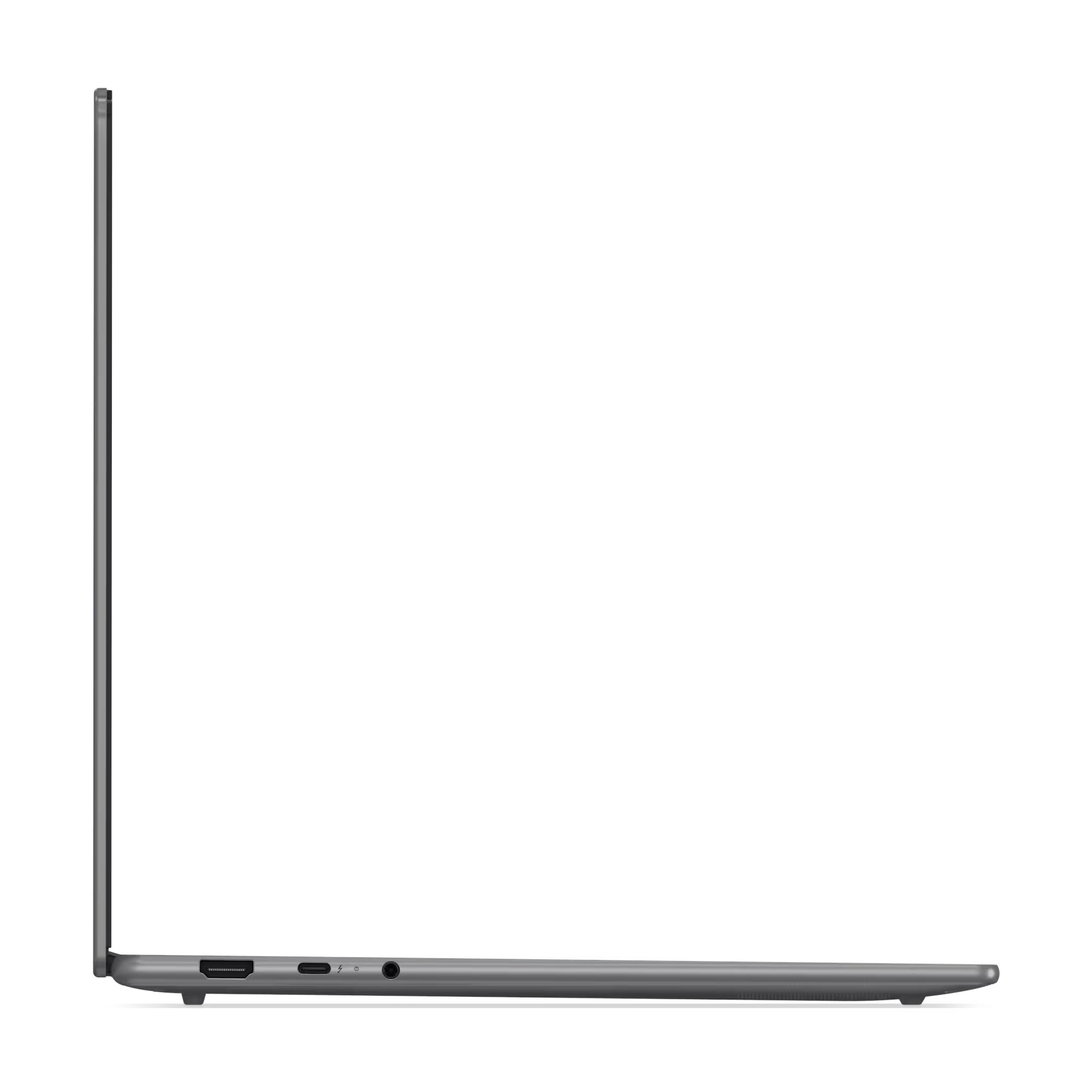 Widok z boku cienkiego, szarego laptopa z widocznymi portami.