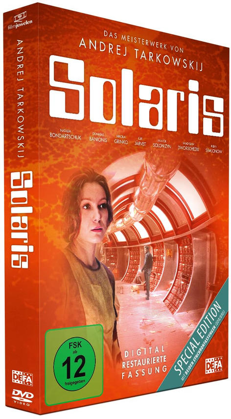 DVD-Box des Films Solaris. Mit einem Frauenporträt und dem Filmtitel. Orange und rote Töne.
