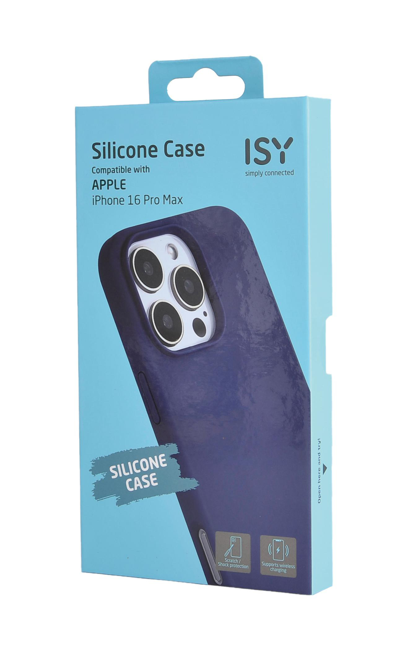 Eine blaue iPhone-Hülle in ihrer Verpackung. Die Hülle ist dunkelblau, die Verpackung hellblau.