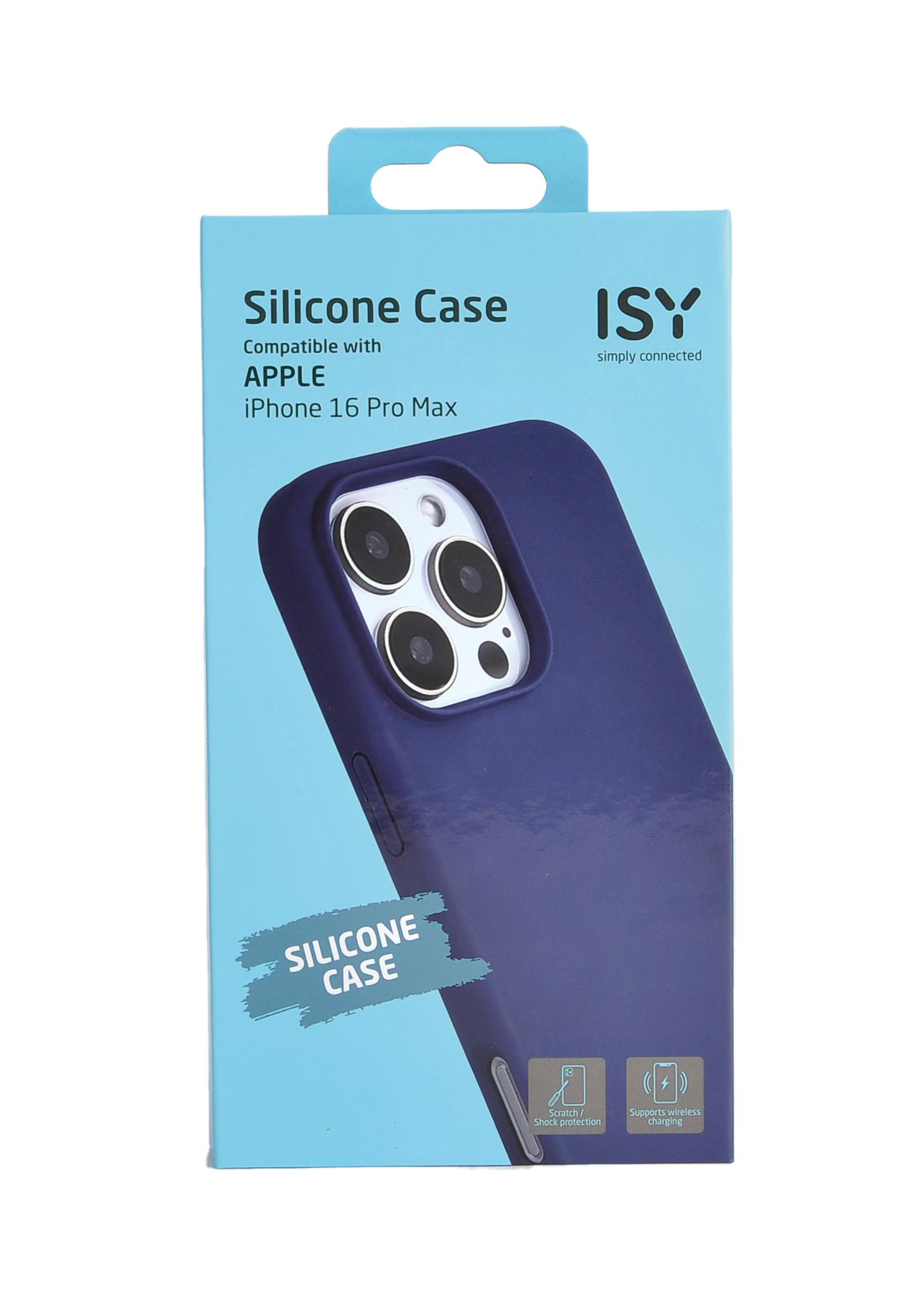 Eine blaue Silikonhülle für das iPhone 16 Pro Max in einer Box.