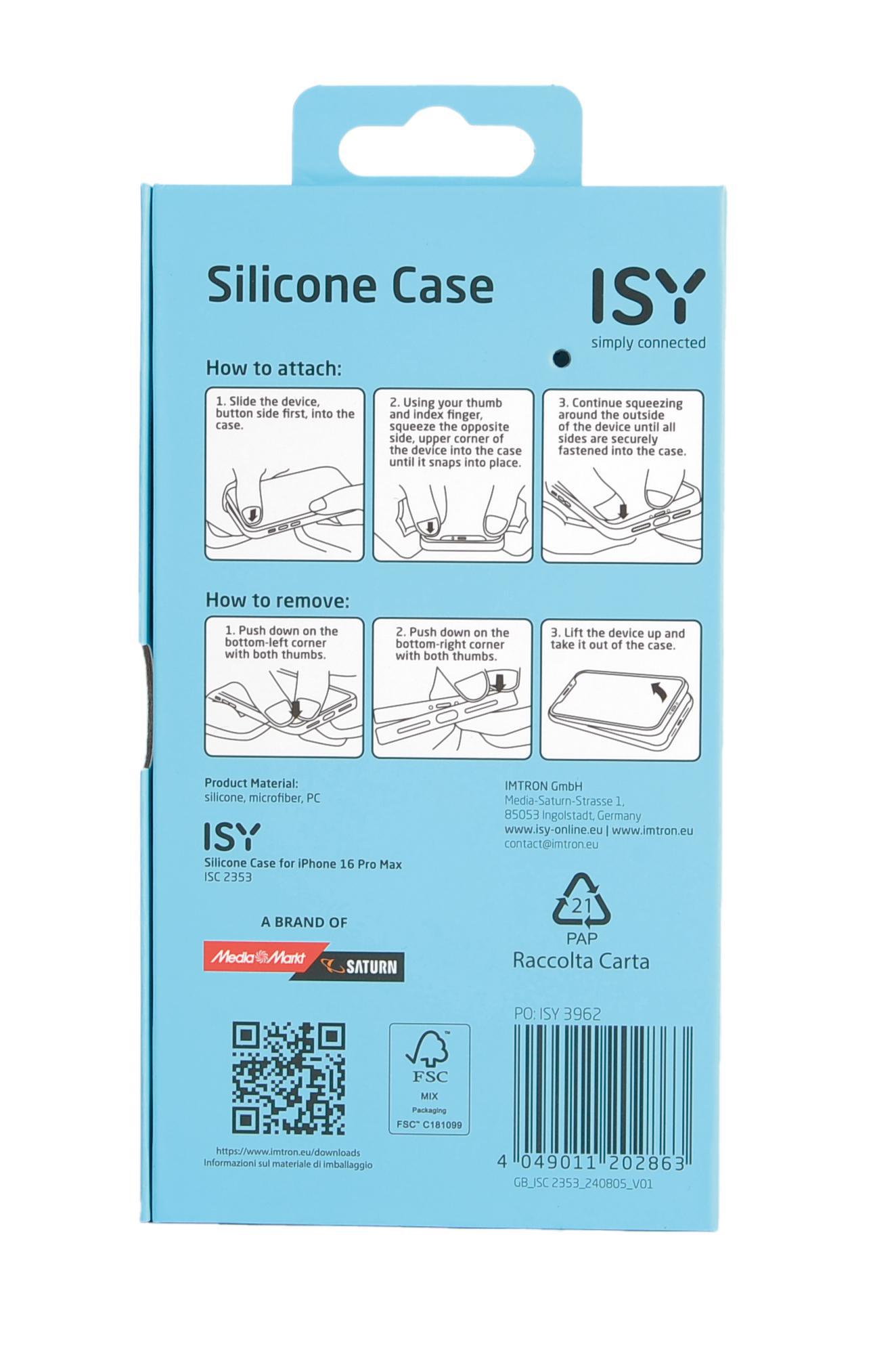 Rückseite einer blauen Handyhülle mit Anweisungen, Logo und QR-Code mit Text.