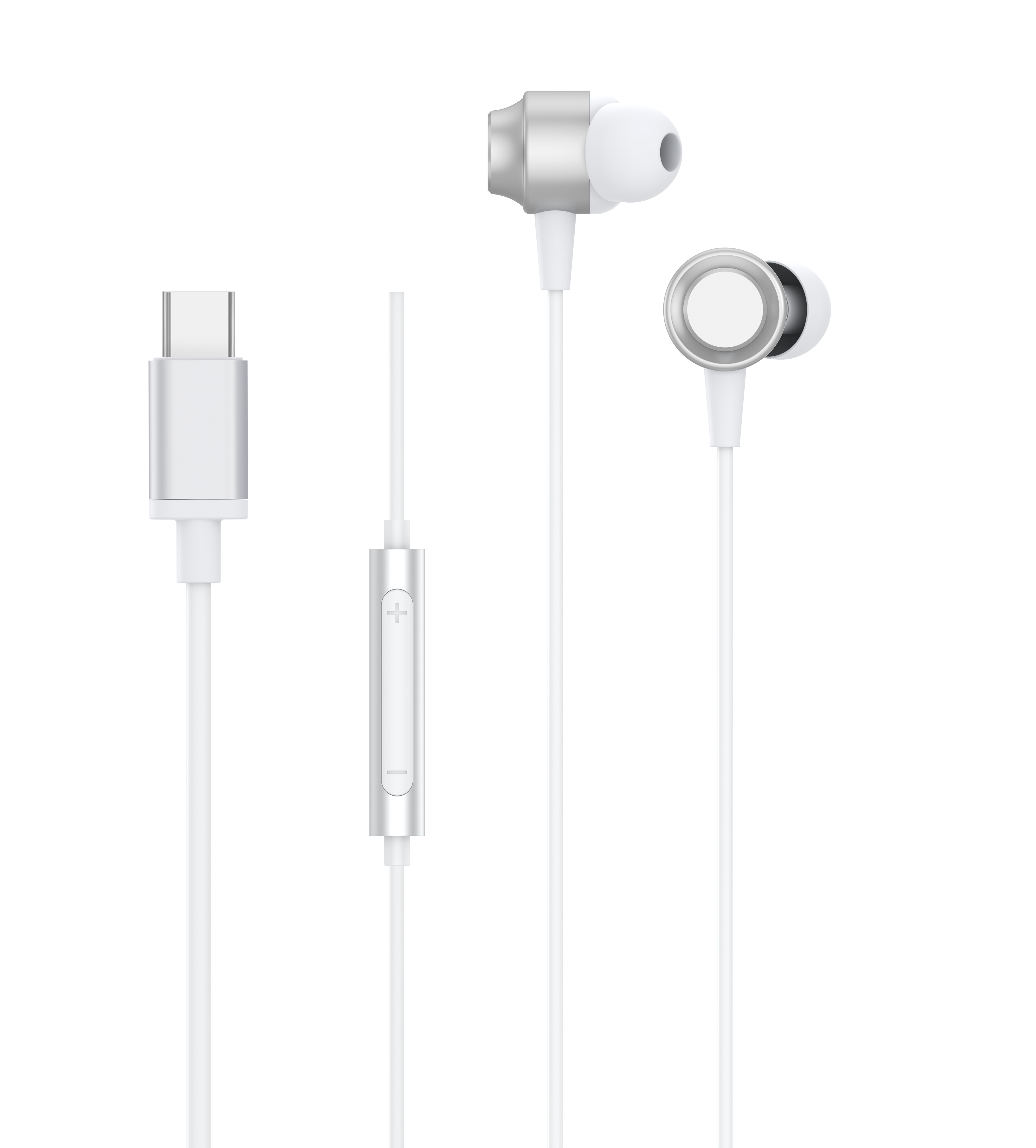Weiße Ohrhörer mit silbernen Akzenten und einem weißen USB-C-Anschluss. Kabel zum Steuermodul.