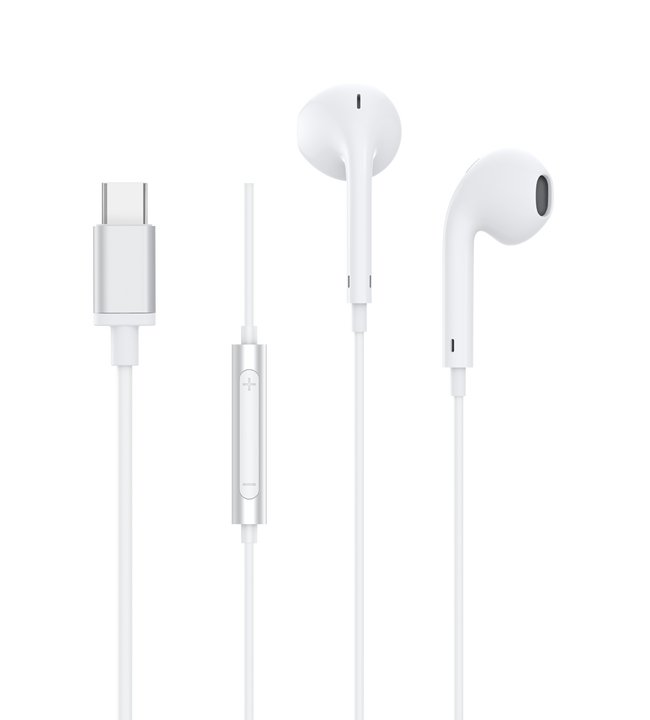 Weiße Ohrhörer mit Steuerung und USB-C-Anschluss, weißer Hintergrund.