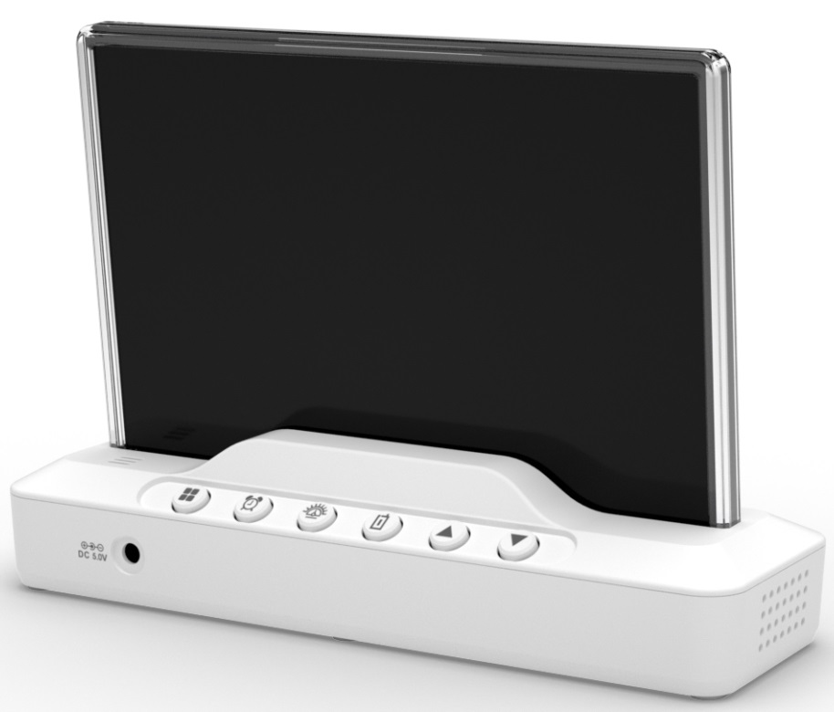 Białe urządzenie z czarnym ekranem i przyciskami, port DC 5.0V.