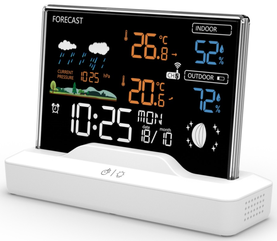 Biała i szara cyfrowa stacja pogodowa wyświetlająca prognozę, godzinę, temperaturę i wilgotność.