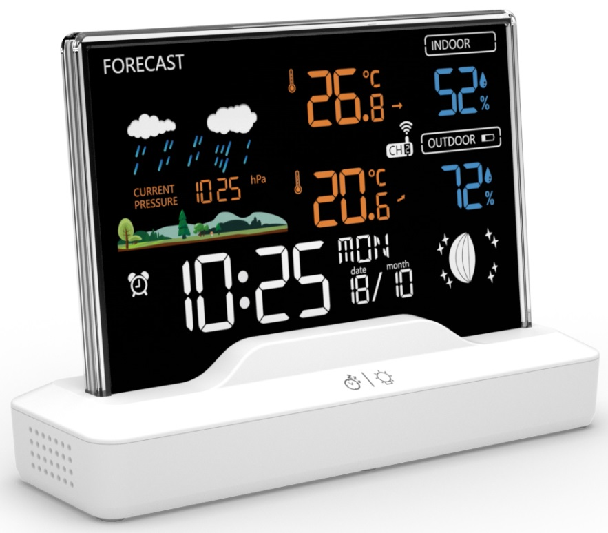 Stacja pogodowa z wyświetlaczem cyfrowym. Pokazuje temperaturę wewnątrz/na zewnątrz, wilgotność i prognozę.