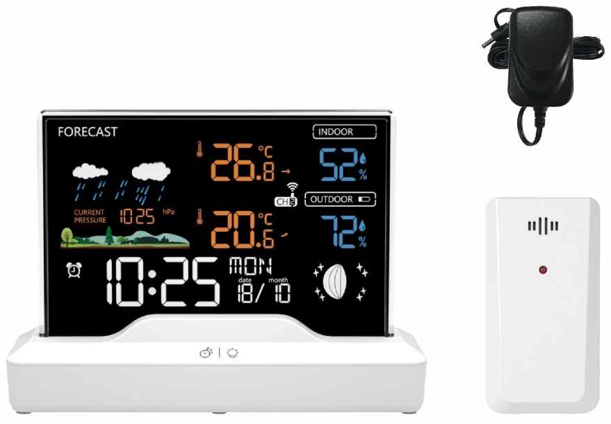 Stacja pogodowa z ekranem, ładowarką i czujnikiem.