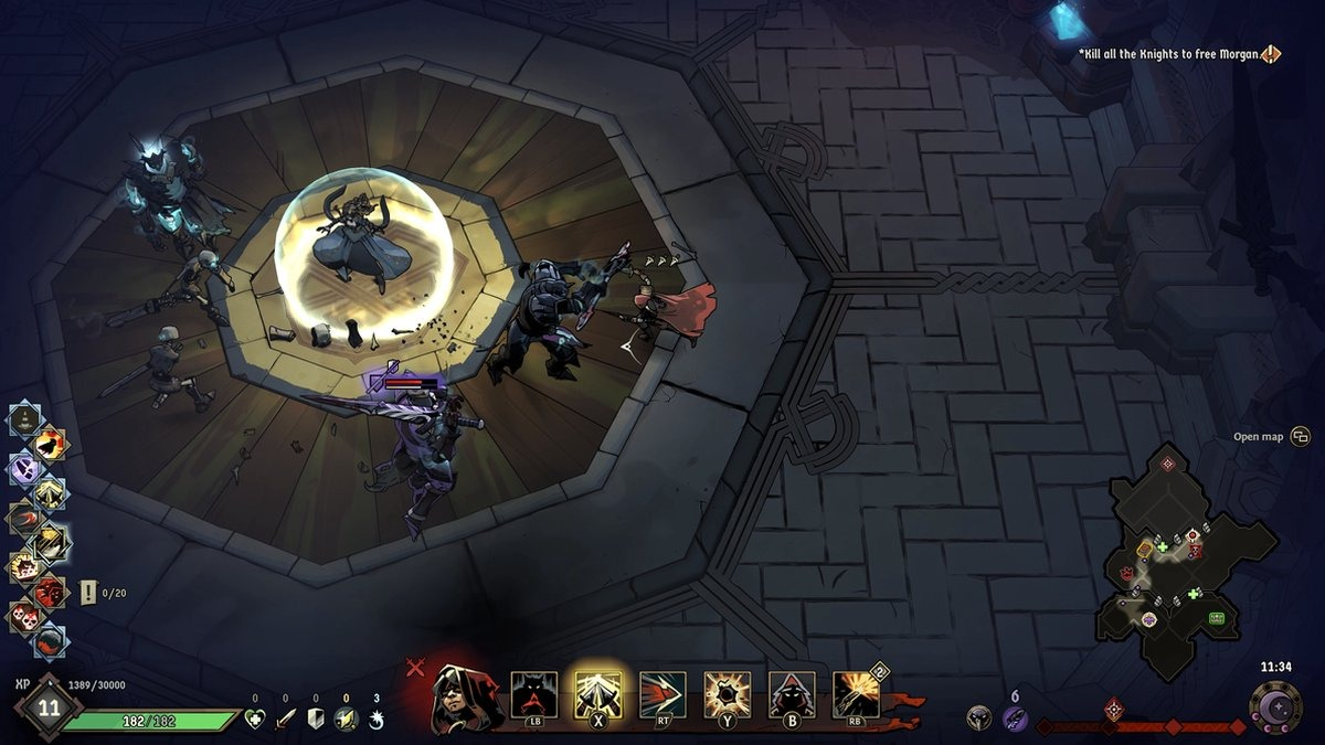 Isometrisch aanzicht van een game-scene met personages die vechten in een cirkelvormige arena.
