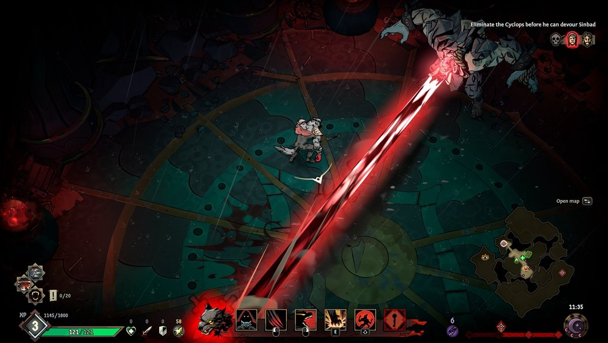 Top-down weergave van een videogame scène met vechtende personages, rode laserstralen en een kaart.
