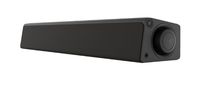 Czarny soundbar z pokrętłem głośności, przyciskiem zasilania i gniazdami wejściowymi z boku.