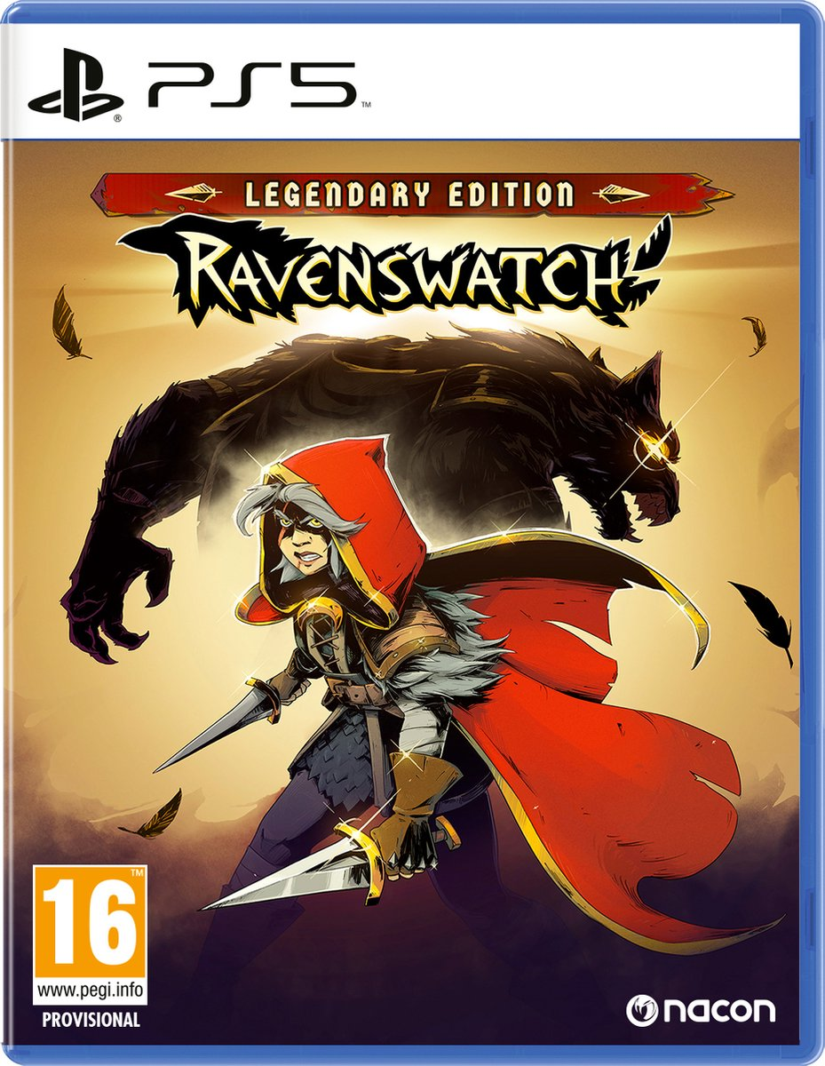 PS5-gamecase getiteld 'Ravenswatch: Legendary Edition'. Een figuur met capuchon en een wolf op de cover.