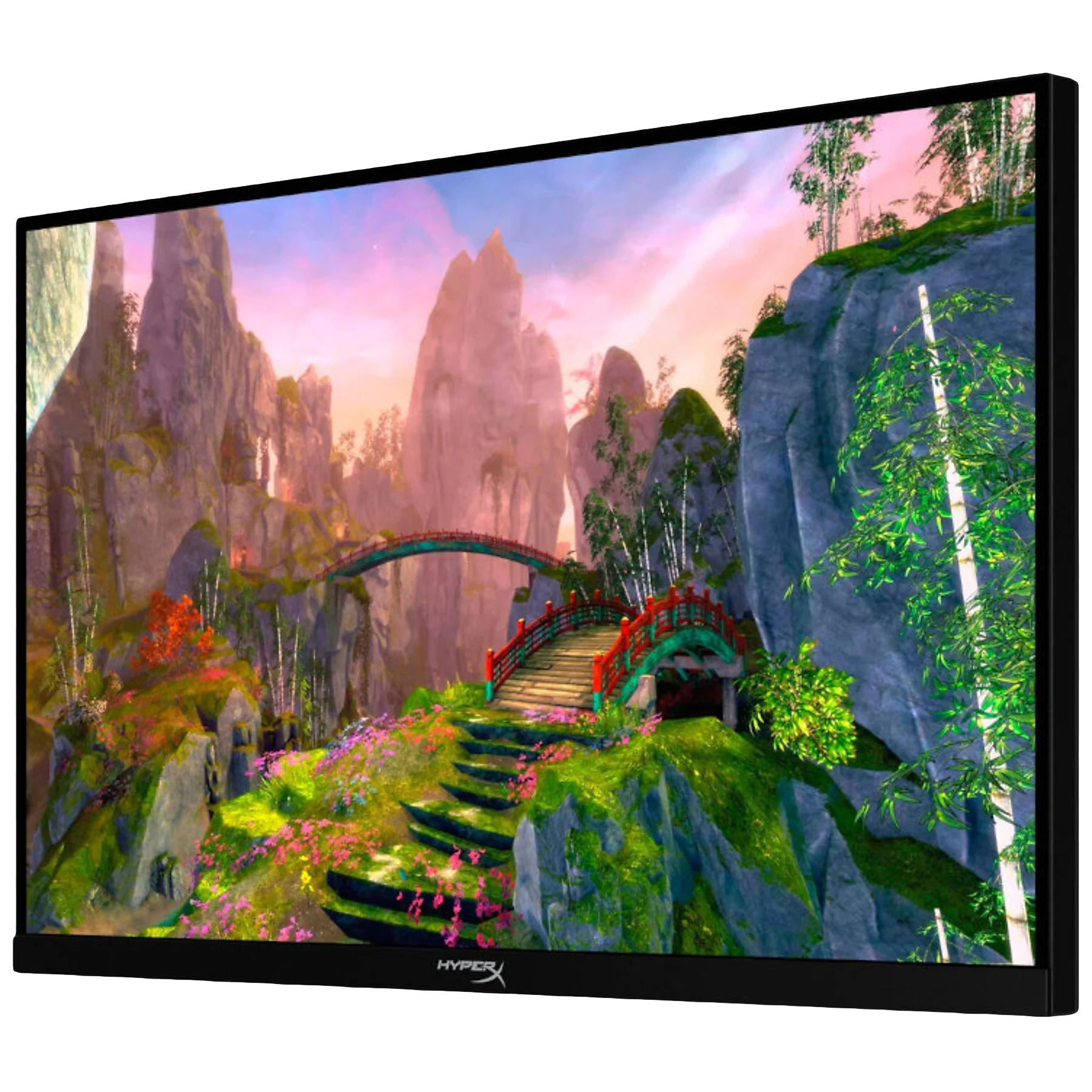 Monitor wyświetla malowniczy most nad zieloną doliną. Skaliste góry i drzewa w tle.