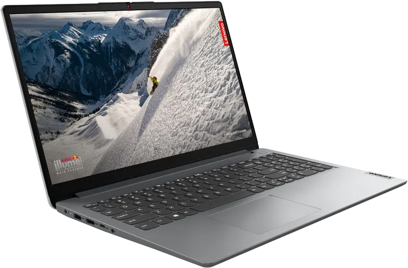 A laptop havas hegyi jelenetet mutat. A Lenovo logó látható.