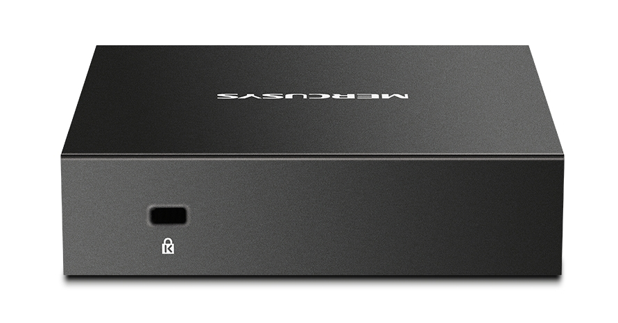 Czarne, prostokątne urządzenie MERCUSYS z symbolem dziurki od klucza, prawdopodobnie urządzenie sieciowe.