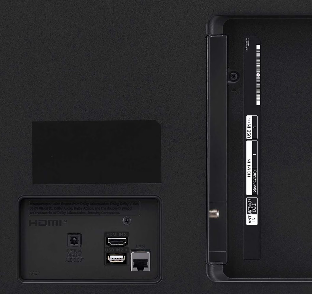 Tył telewizora. Widoczne porty HDMI, USB, LAN i połączenia antenowe/kablowe.