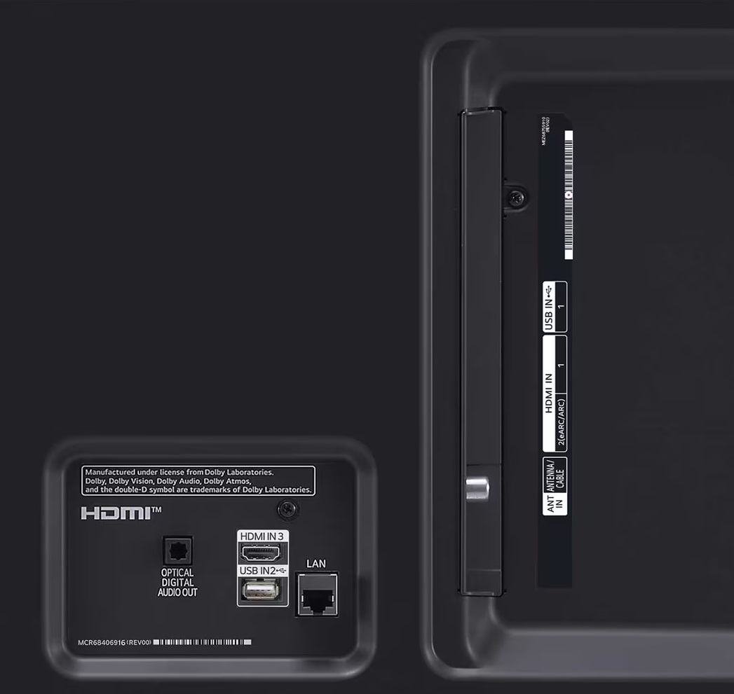 Ty ł telewizora z portami HDMI, USB i LAN oraz innymi opcjami połączeń.