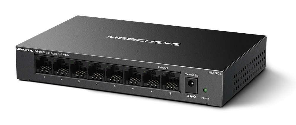 Czarny przełącznik sieciowy 8-portowy. Porty z przodu. Logo Mercusys na górze.