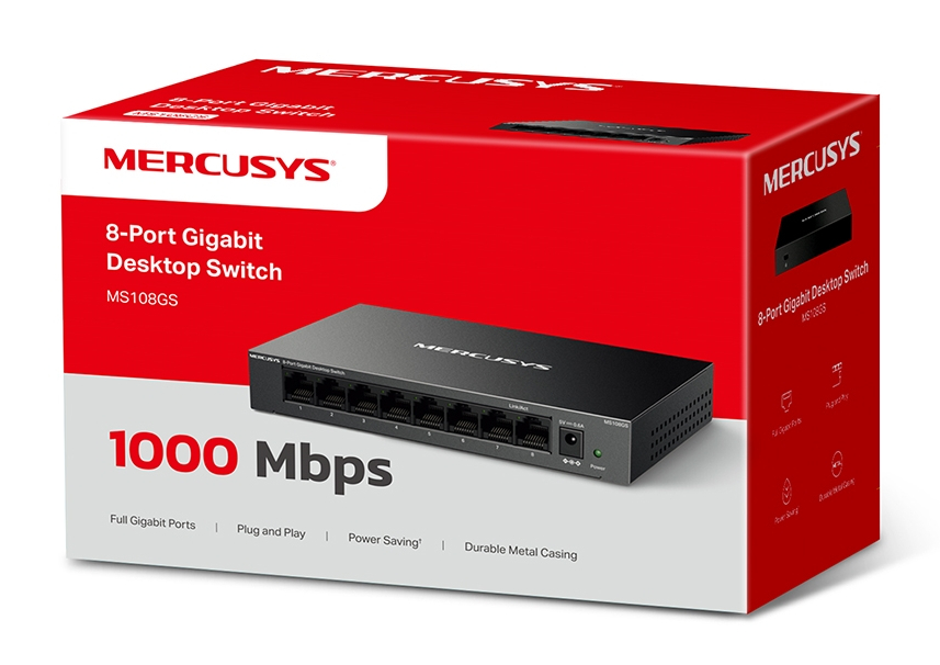 Czerwono-białe pudełko z czarnym przełącznikiem sieciowym w środku, z napisem '8-Port Gigabit Desktop Switch'.