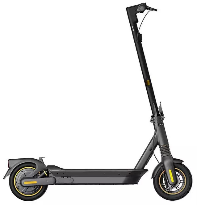 Czarna hulajnoga elektryczna na białym tle. Ma żółte akcenty na kołach.