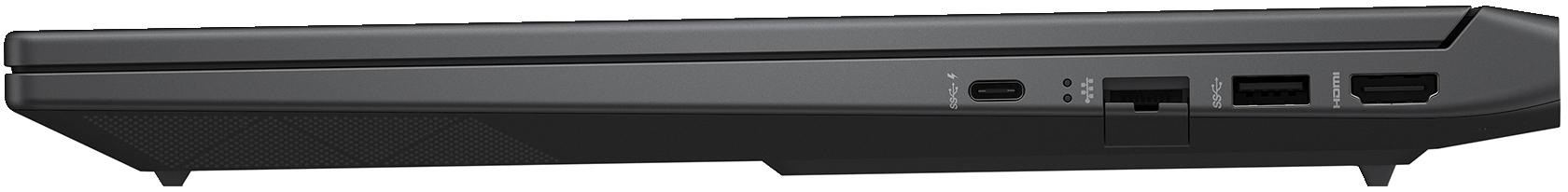 Seitenansicht eines schwarzen Laptops mit Anschlüssen, darunter USB-C, USB und HDMI.