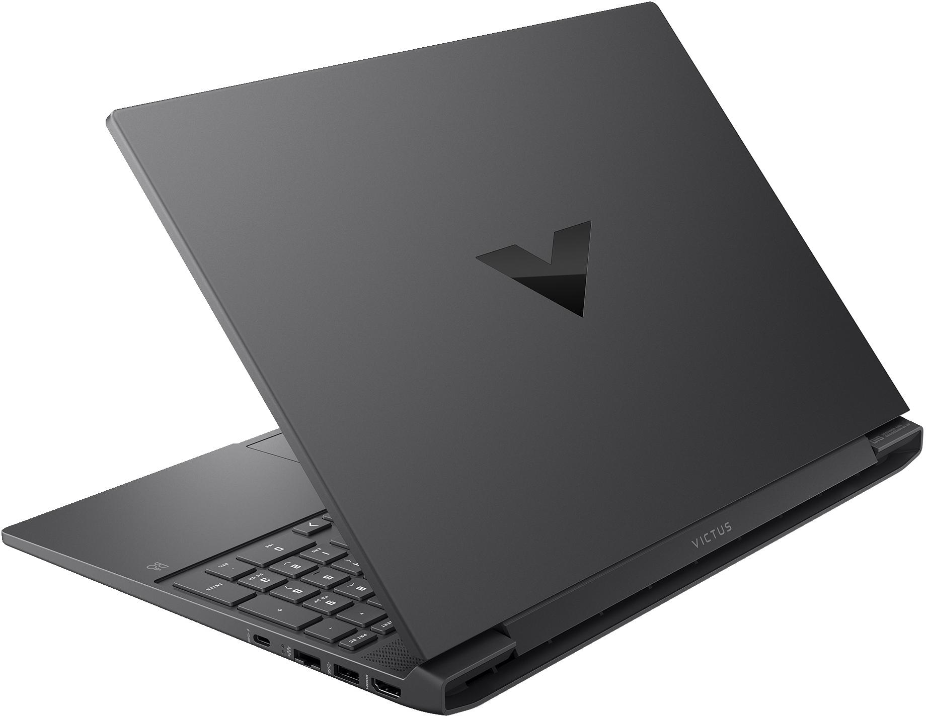 Ein dunkelgrauer Laptop ist geöffnet. Der Bildschirm ist vom Betrachter abgewandt und zeigt das Victus-Logo.