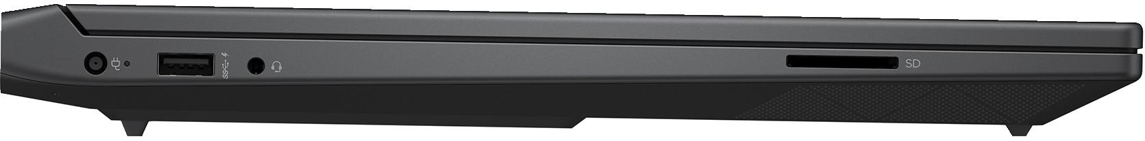 Seitenansicht eines schwarzen Laptops mit Anschlüssen: Strom, USB, Kopfhöreranschluss, SD-Kartensteckplatz.