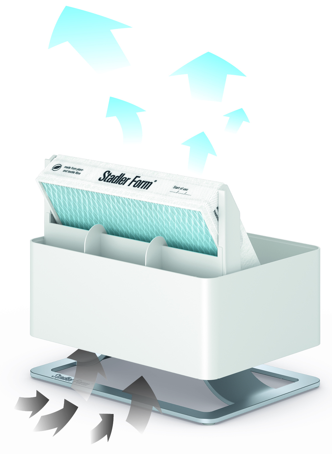 Drei weiße Mesh-WLAN-Router. Rückseite des mittleren Routers mit Anschlüssen.