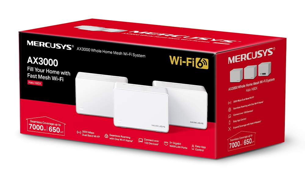 Czerwone pudełko przedstawia system Mesh Wi-Fi. Z przodu znajdują się trzy białe urządzenia. Tekst: AX3000 Whole Home Mesh Wi-Fi System.