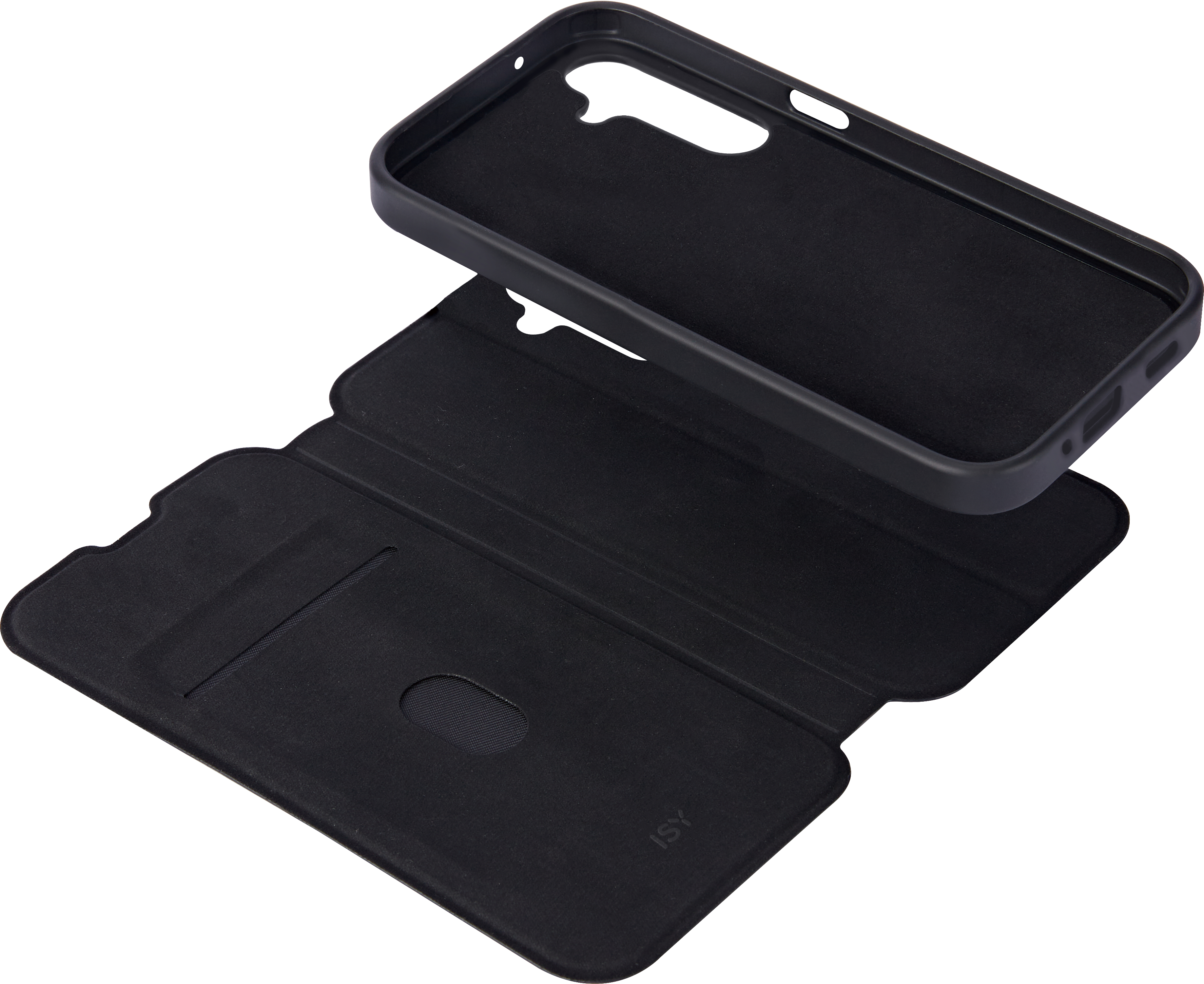 Eine schwarze Handyhülle mit schwarzem Innenraum.
