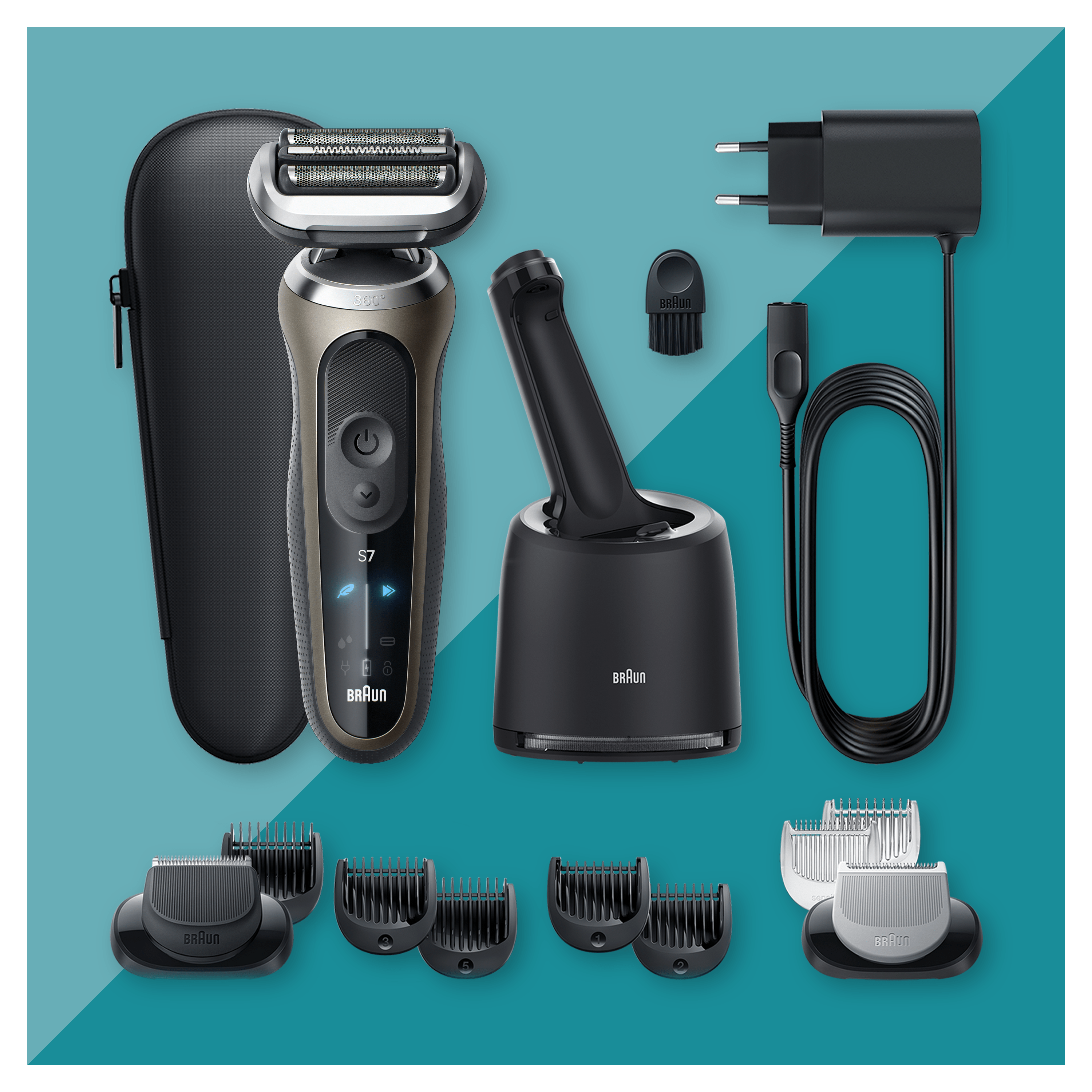 Afeitadora - Braun Series 7 72-C7650cc, Afeitadora Eléctrica, Con centro de limpieza SmartCare, 2 Accesorios EasyClick, Dorada