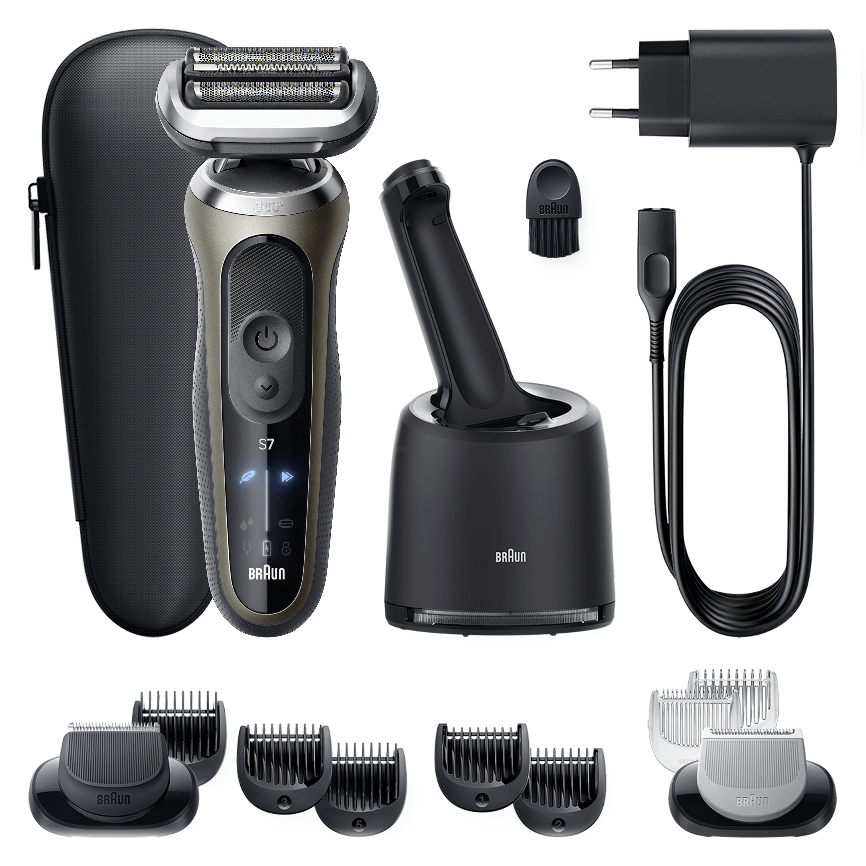 Afeitadora - Braun Series 7 72-C7650cc, Afeitadora Eléctrica, Con centro de limpieza SmartCare, 2 Accesorios EasyClick, Dorada