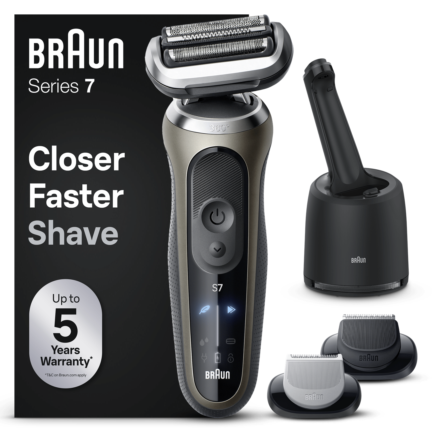 Afeitadora - Braun Series 7 72-C7650cc, Afeitadora Eléctrica, Con centro de limpieza SmartCare, 2 Accesorios EasyClick, Dorada