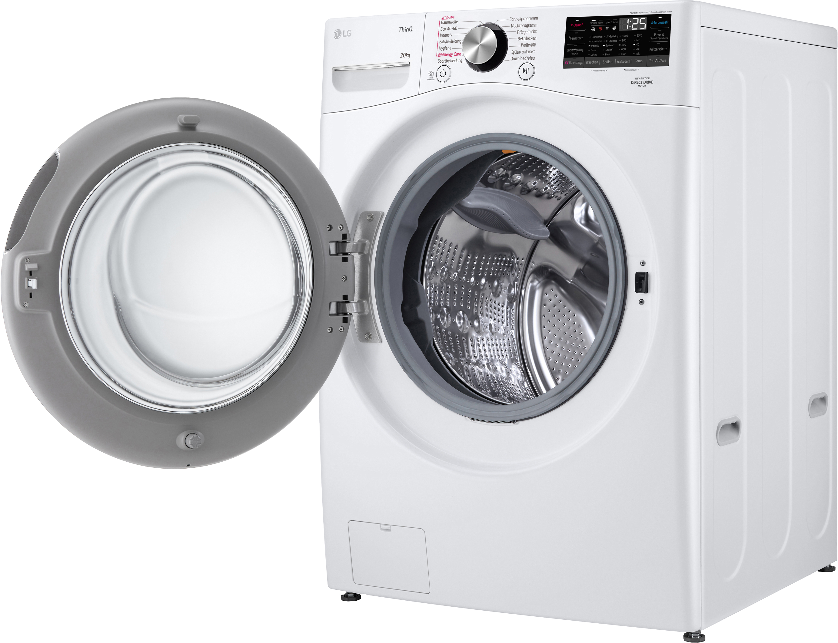 Weiße LG Waschmaschine, Tür offen. Grauer Türrand. Weißer Hintergrund.