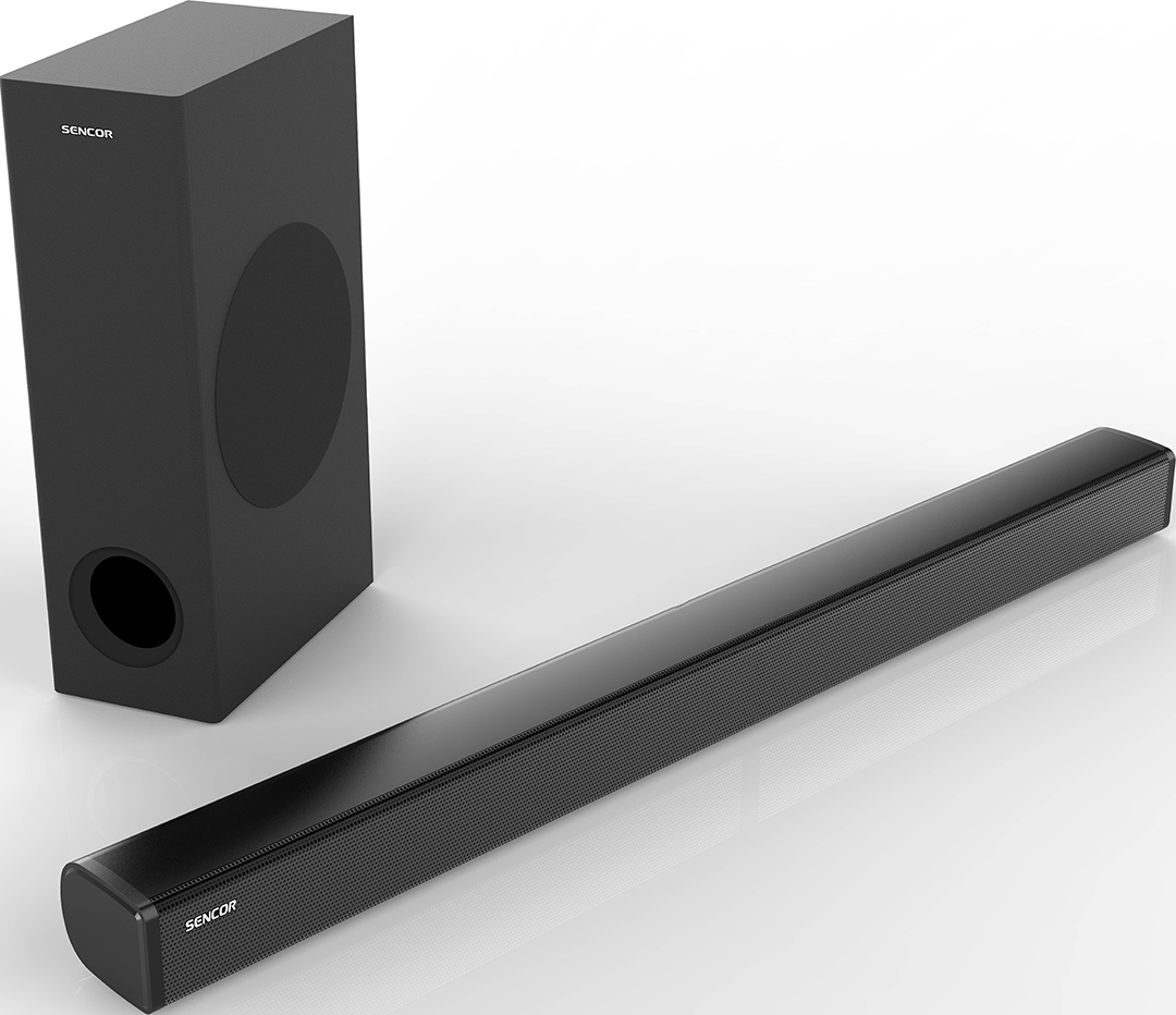 Fekete soundbar és mélynyomó fehér felületen.