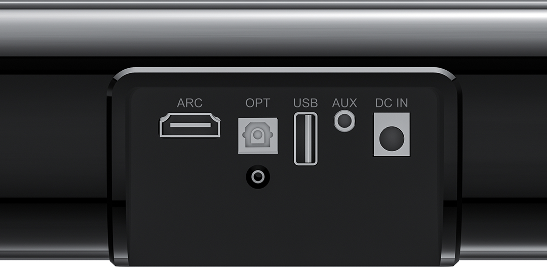 Fekete soundbar hátlapja. ARC, OPT, USB, AUX és DC IN portokkal.