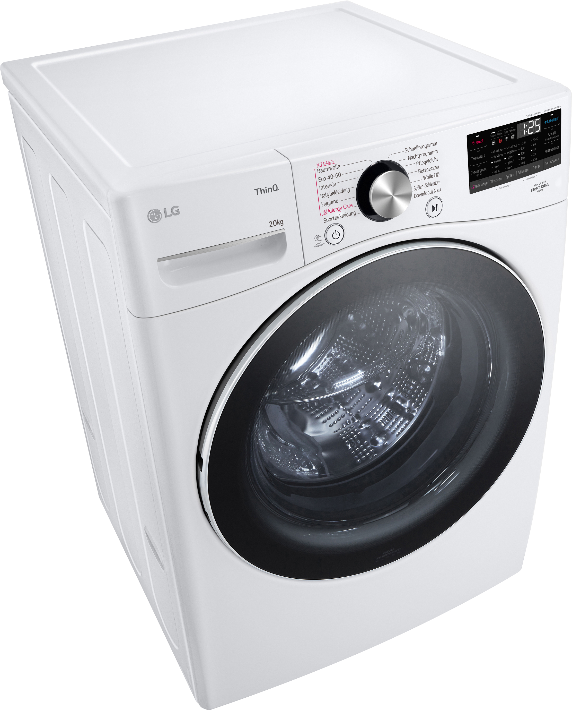Weiße LG Waschmaschine, Draufsicht. Mit Bedienfeld und Tür.