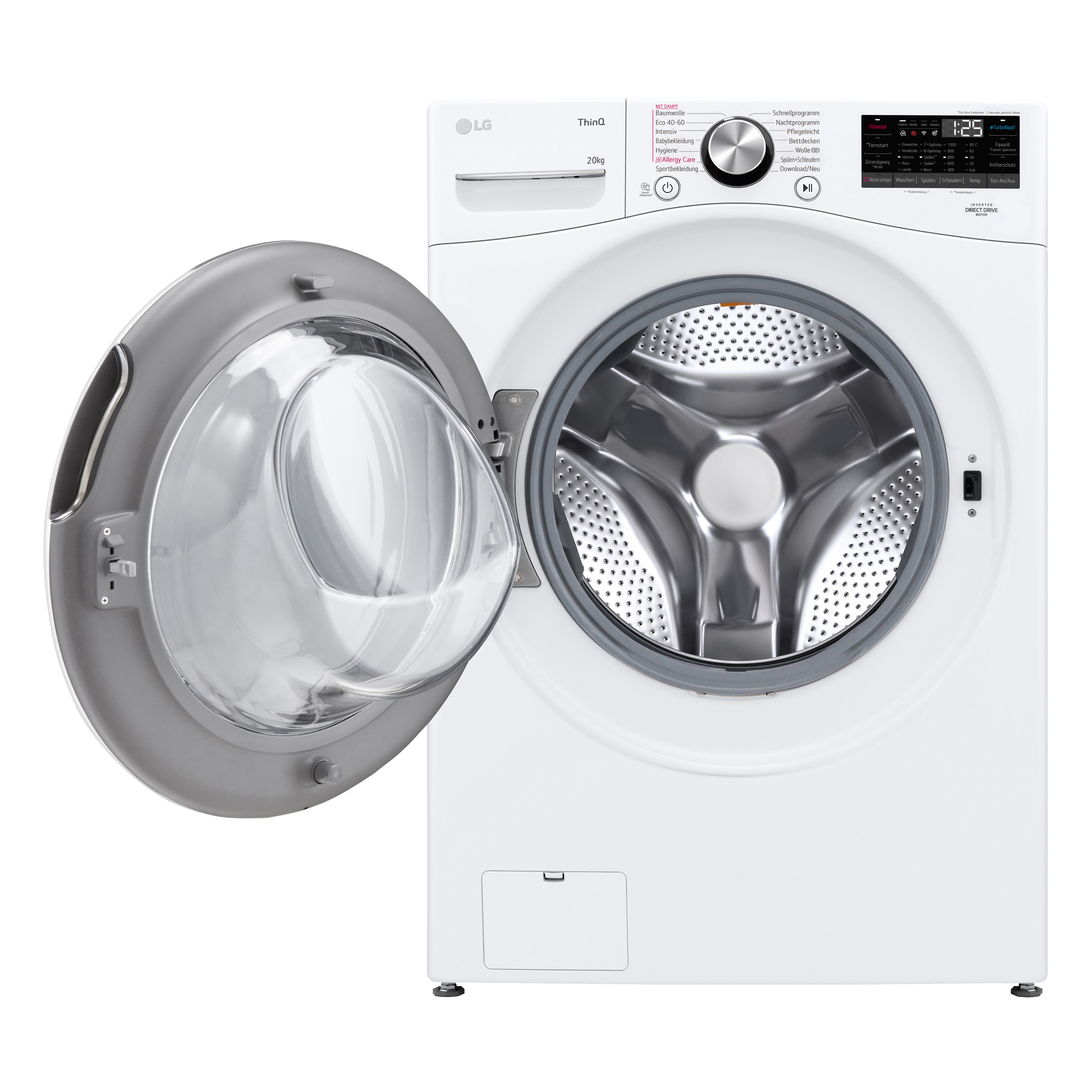 Weiße LG Waschmaschine mit geöffneter Tür, zeigt die Trommel. Das Bedienfeld befindet sich oben rechts.