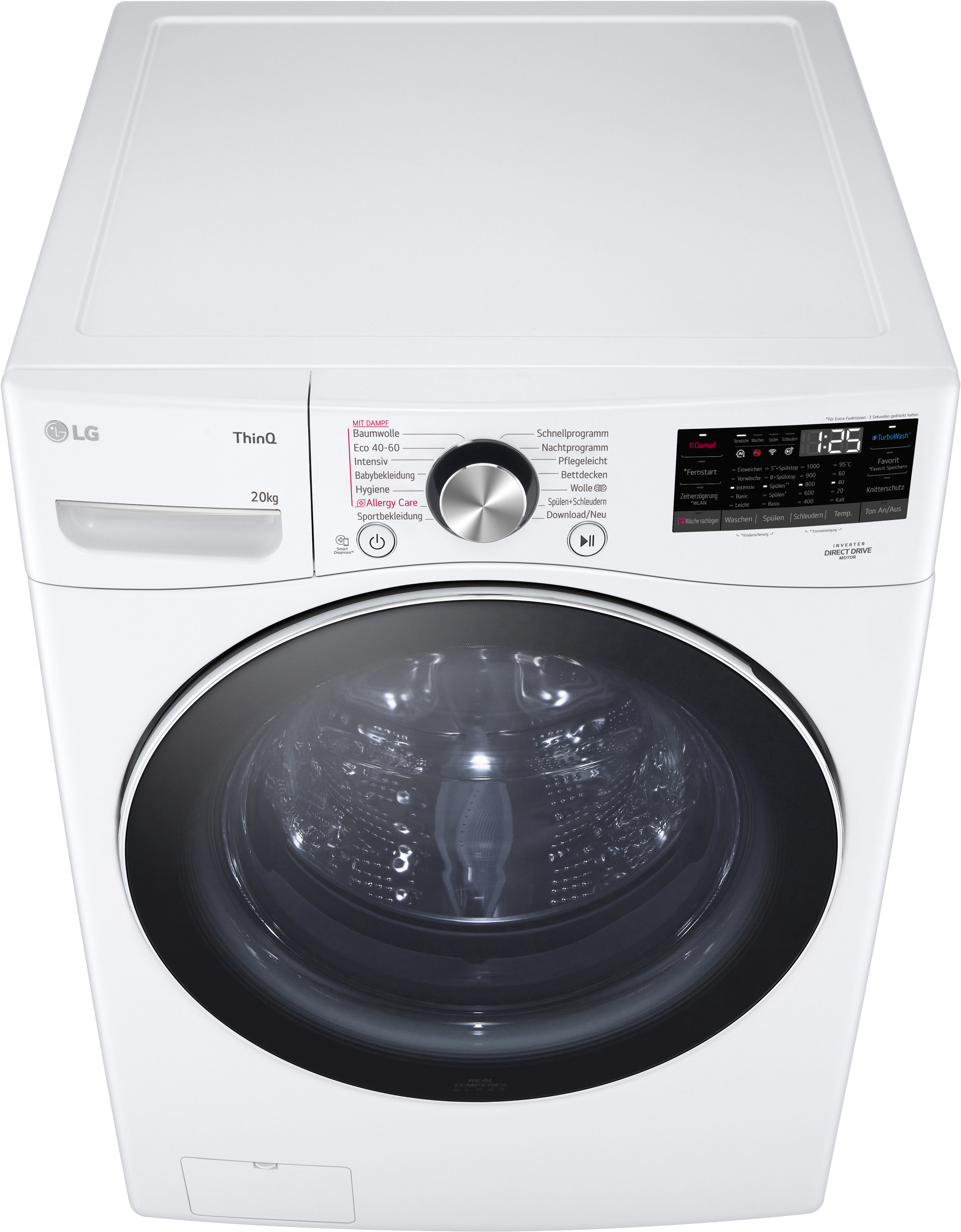 Weiße LG Waschmaschine, Draufsicht, zeigt Trommel und Bedienfeld.
