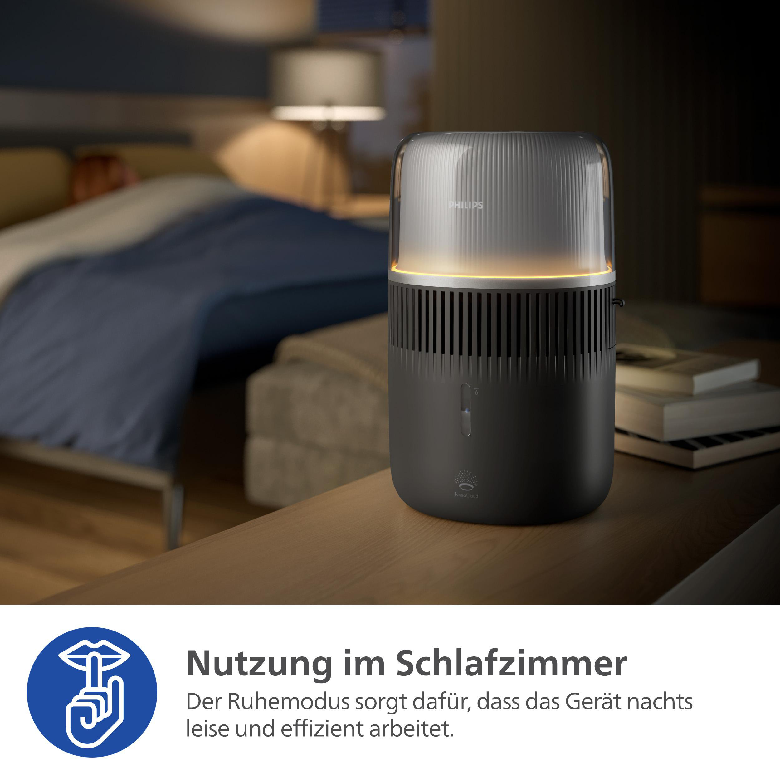 Ein schwarzer Luftreiniger mit klarer Oberseite in einem Schlafzimmer. Text: Nutzung im Schlafzimmer.