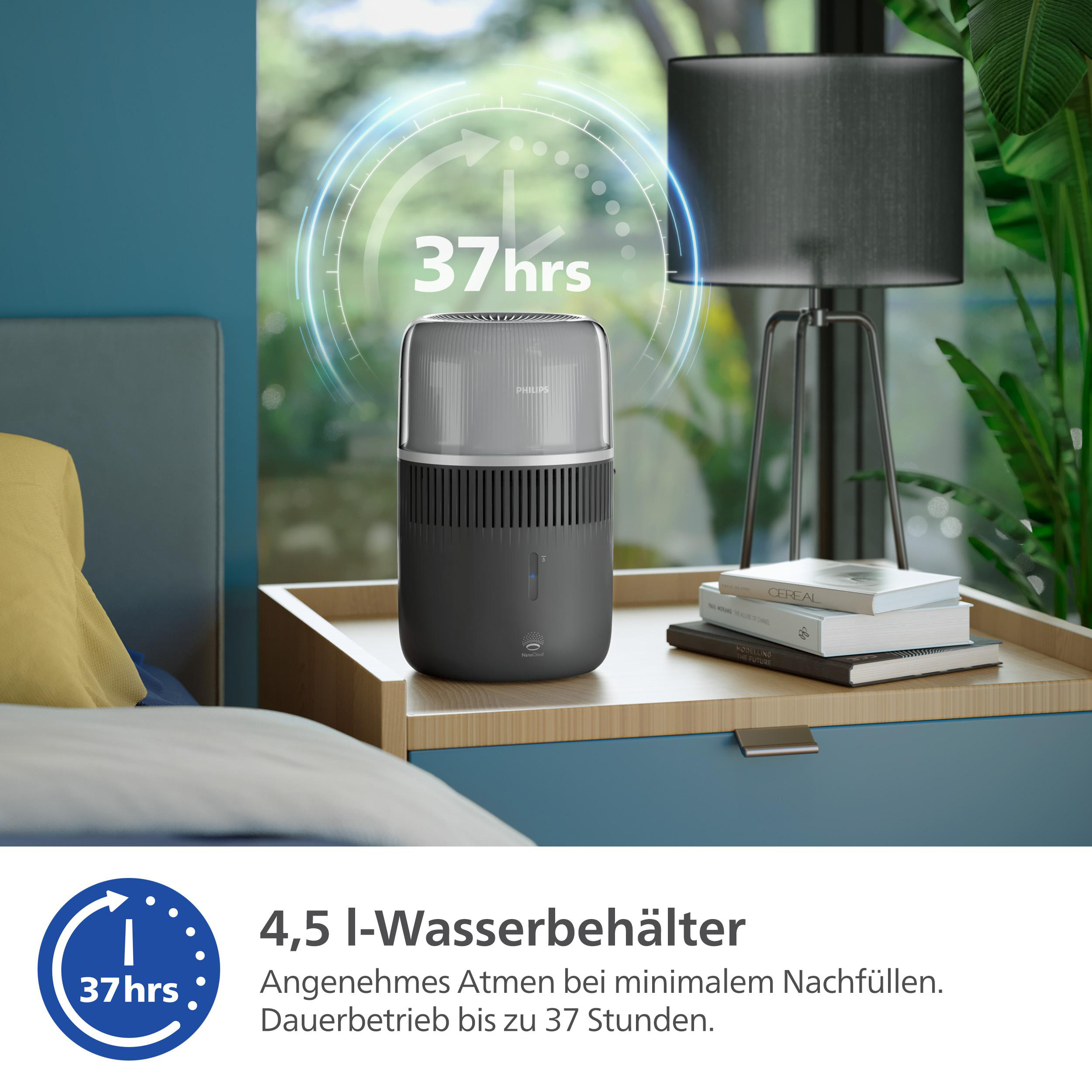 Luftreiniger auf Nachttisch. Zeigt 37 Stunden Laufzeit an. Schlafzimmer-Einstellung.